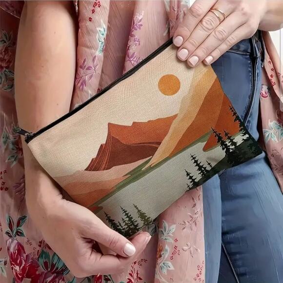 Mountain Sunset Landscape Cosmetic Bag - Vintage Nature Design 8x7 - Picture 8 of 12